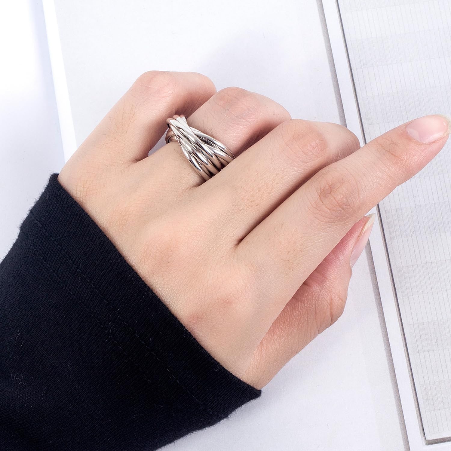 Dankadi Minimalist 925 Sterling Silver Interlocking Silver Rings-Women Stacking Cross Rings in Silver/Gold-Three/Five/Nine Row Ring Size 5#-13#-Promise Ring Jewelry for Love Gift