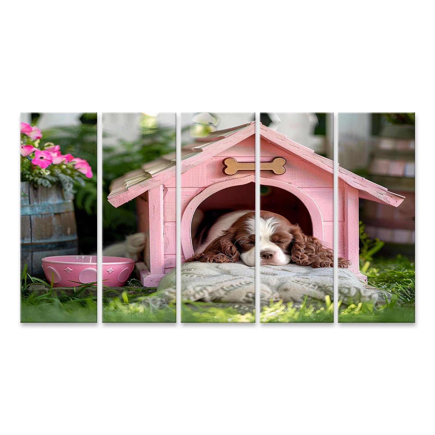 islandburner Primer cuadro sobre lienzo lindo cachorro durmiendo en soporte rosa al aire libre inteligencia artificial imágenes murales carteles