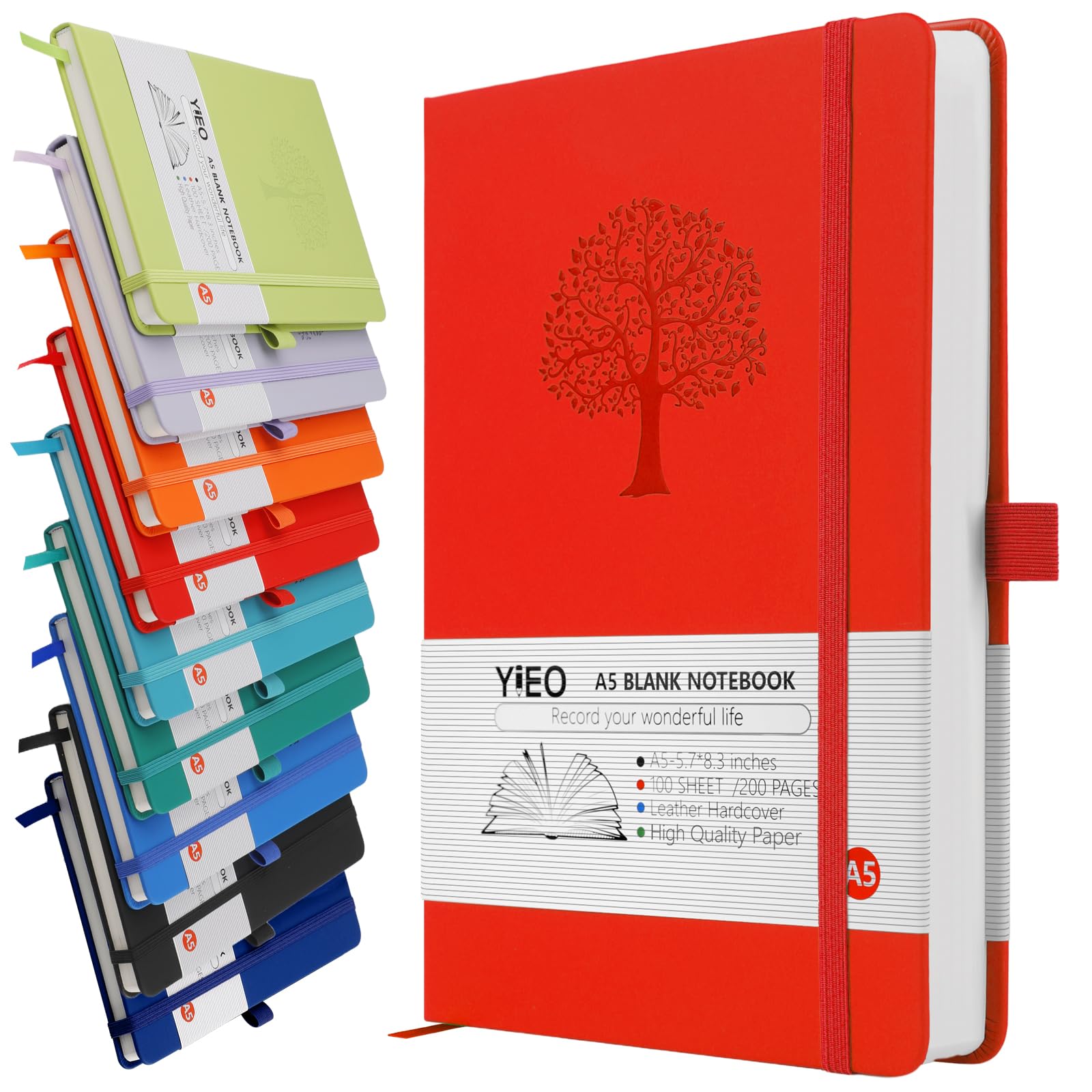 YIEO A5 Notebook Blank Journal, 200 Pages Hardcover Leather Sketch Book with 80GSM Plain Paper, Unlined Notepad, Sketchbook for Women Men Work School Drawing, 14.5 x 21cm-Red