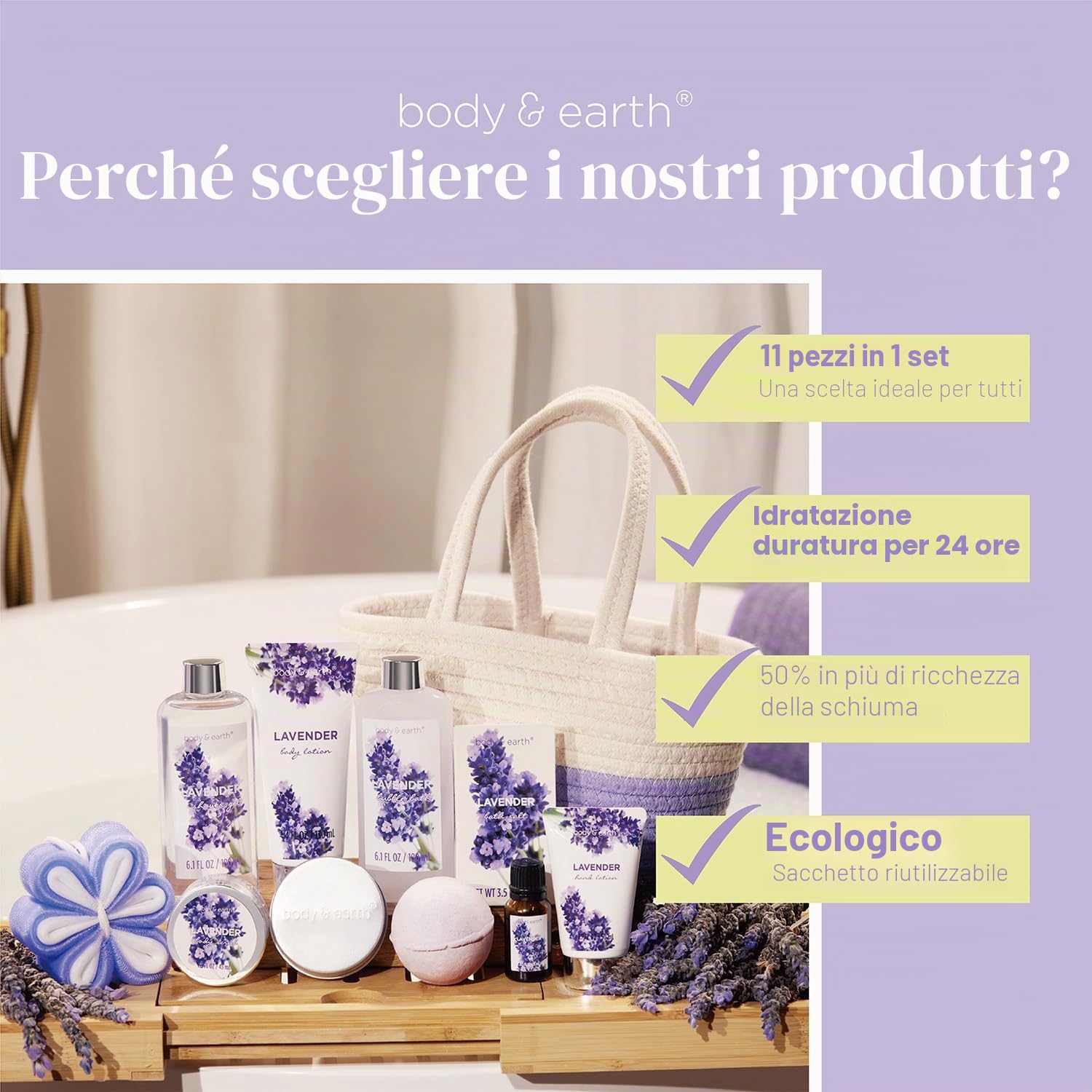 BODY & EARTH Set Regalo per Donne - Set da Bagno 11Pcs con prodotti Termali al Profumo di Lavanda, Cesto Regalo Benessere per Donne, Mamme, Fidanzate, Ragazze per Compleanno, San Valentino