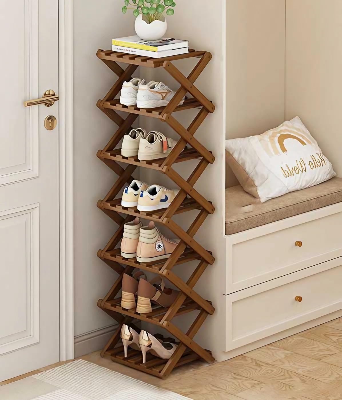 YHXAIQ Bamboo X Shape Shoe Rack Foldable, No Installation Vertical Slim Shoe Organizer for Bathroom/Corridors/Bedrooms, Multi-Layer Space Saving(Dark brown,7th floor)