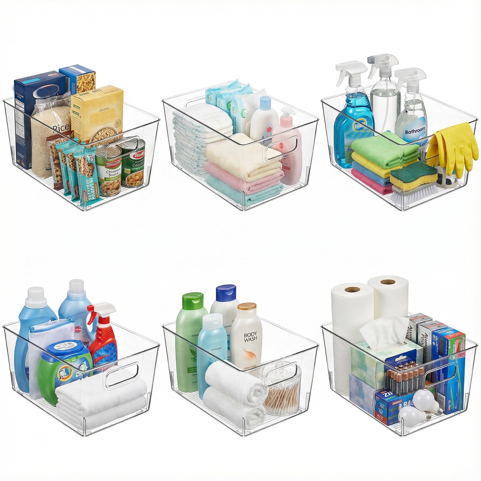 MOONEDGE Contenedores organizadores de despensa y nevera, contenedores de almacenamiento de PET transparentes con asas, cajones apilables y organizadores de gabinete, 11 x 8 x 6 para cocina, baño y