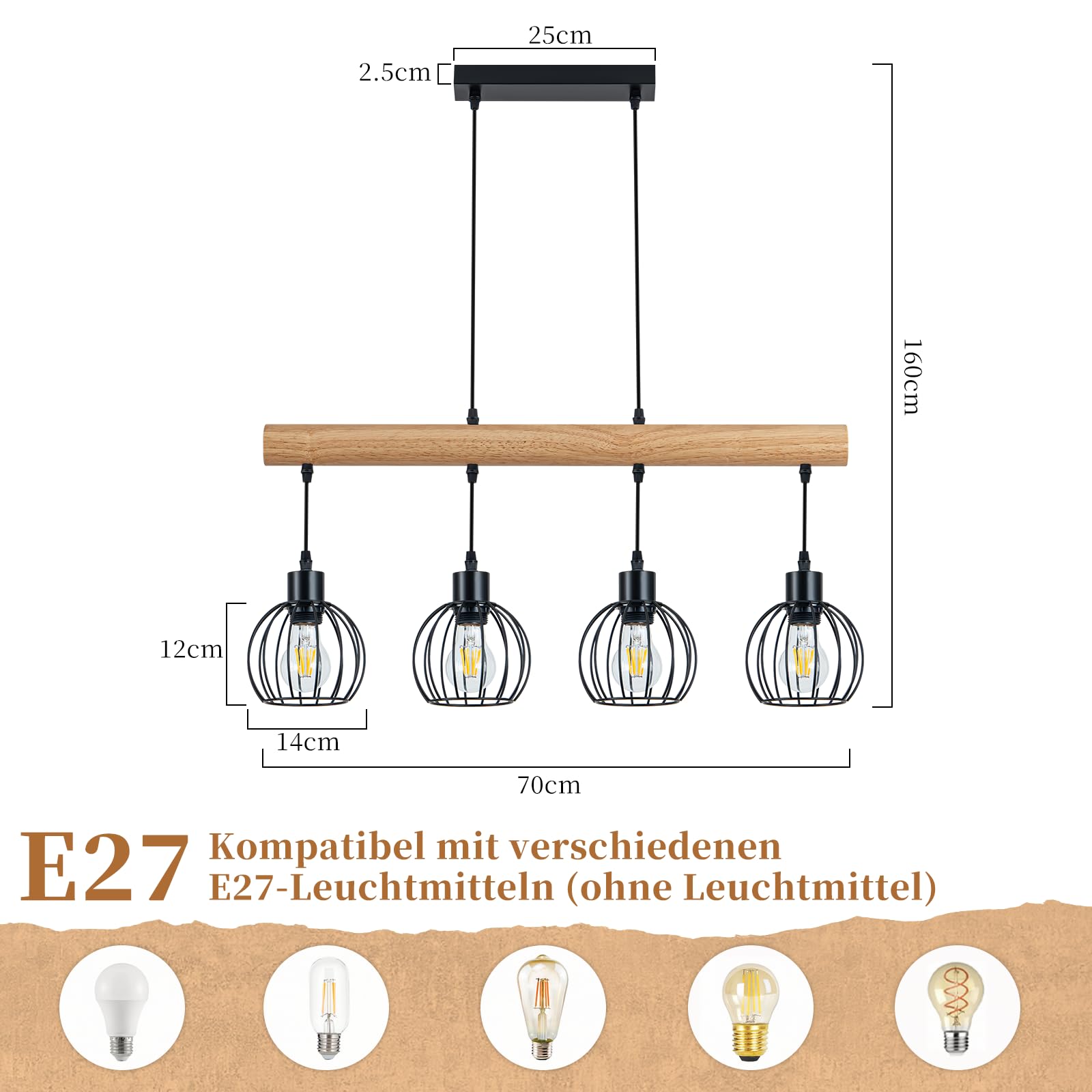 ZMH Vintage Hängelampe Holz 4 flammig - Pendelleuchte esstisch im Industrial Design Schwarz Retro Hängeleuchte Esstischlampe höhenverstellbar für Esszimmer Küche Wohnzimmer Bar (Ohne Leuchtmittel)
