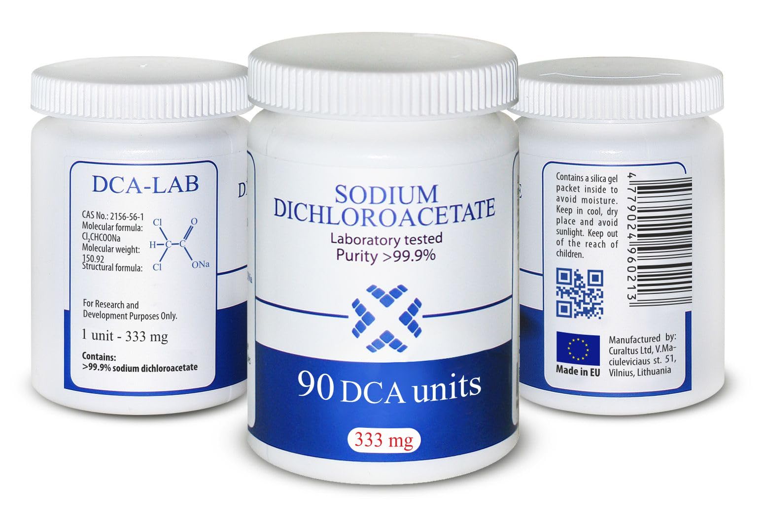 Natriumdichloracetat (Dichloressigsäure) - Sodium Dichloroacetate - DCA 333mg, Beste Reinheit >99,9%, Inklusive Analysebescheinigung, von DCA-LAB, 90 Kapseln