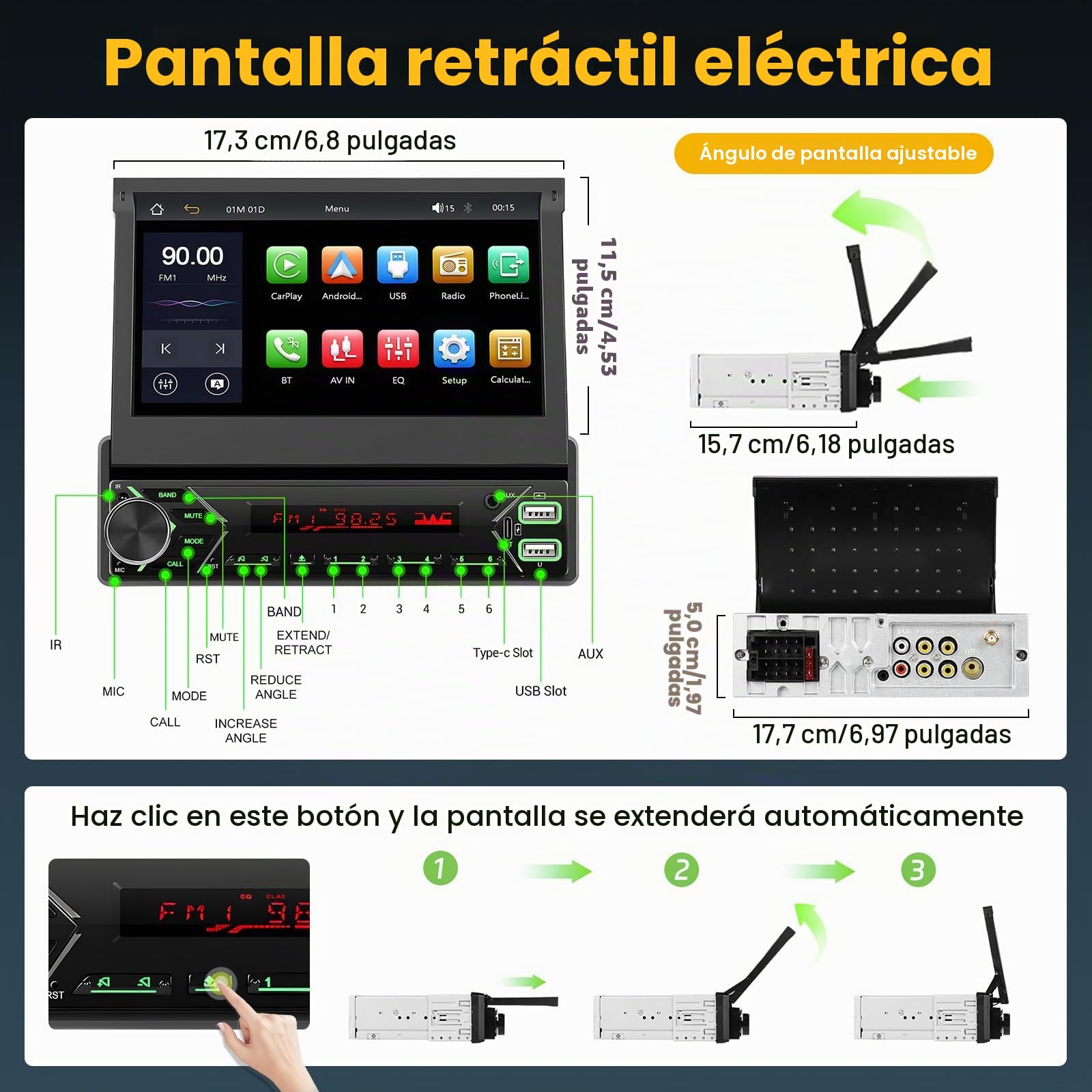 Hikity 1 DIN FM Dab/Dab+ Autorradio con Wireless Carplay Android Auto | HD 7 Pulgadas con Bluetooth Retroiluminación Multicolor Cámara de Marcha Atrás Grabador de Vídeo Digital EQ USB AUX
