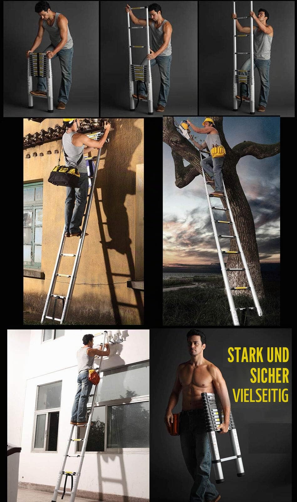 Teleskopleiter Aus Aluminium - Ausziehbar, Faltbar, Loft Ladder, Zertifiziert Nach EN131, Belastbar Bis 150 kg, 4,4 m
