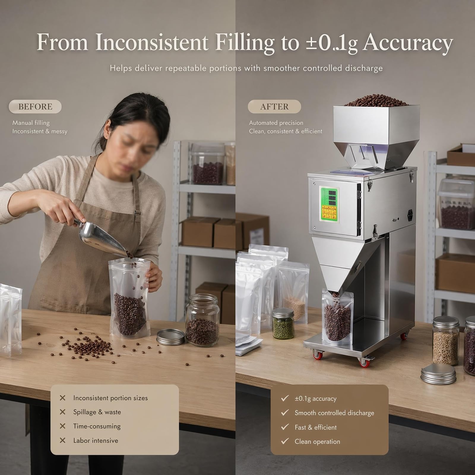 Macchina riempitrice e pesatrice automatica, in acciaio inox, per confezionamento di particelle, ideale per piccoli negozi al dettaglio. Riso, arachidi e granulati misti.