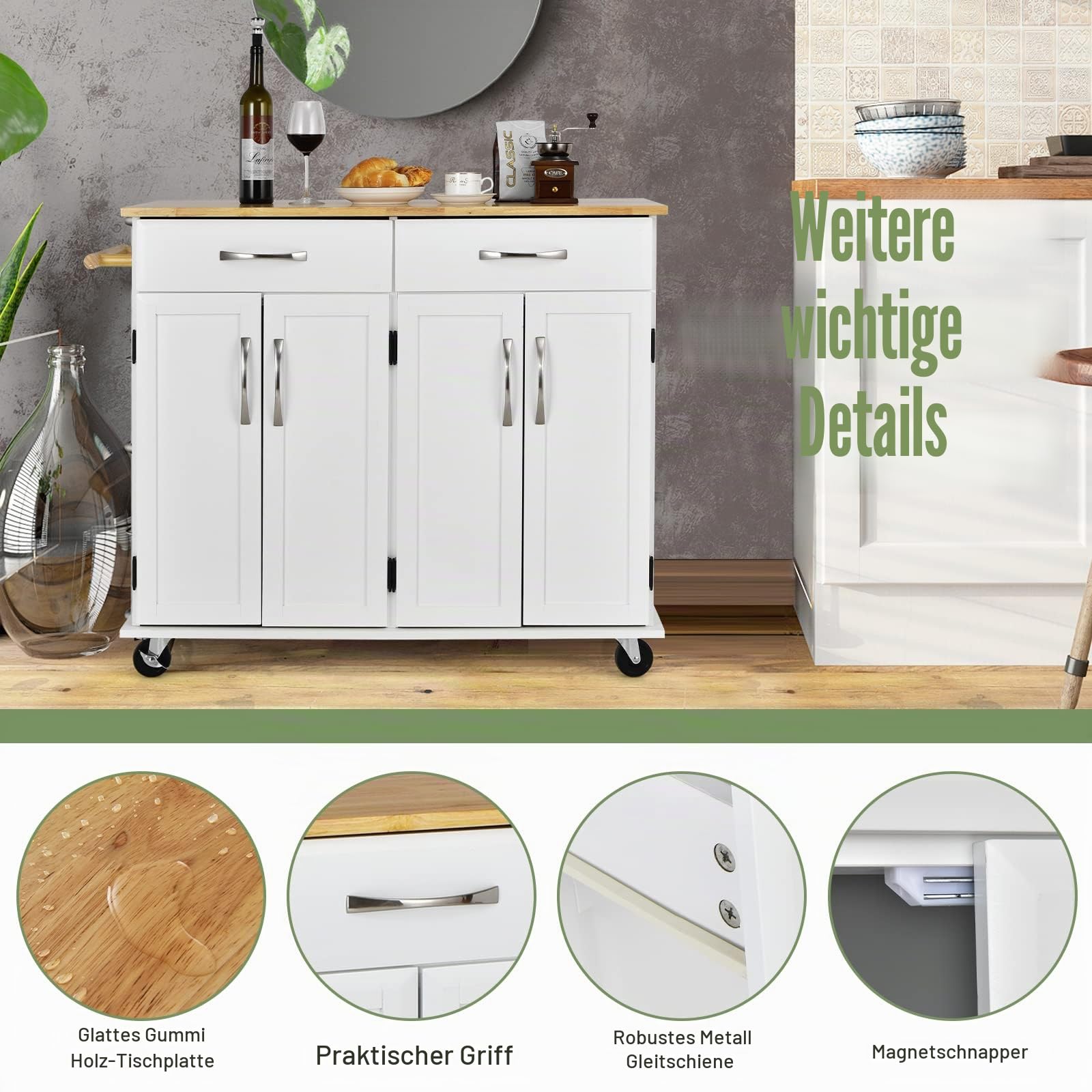 GIANTEX Küchenwagen mit Arbeitsplatte, Servierwagen mit Rollen, Küchenschrank mit 2 Schubladen & 2 Handtuchhaltern & 4 Türen, Kücheninsel mit verstellbaren Regalen, Küchentrolley Holz 122x48x92,5 cm