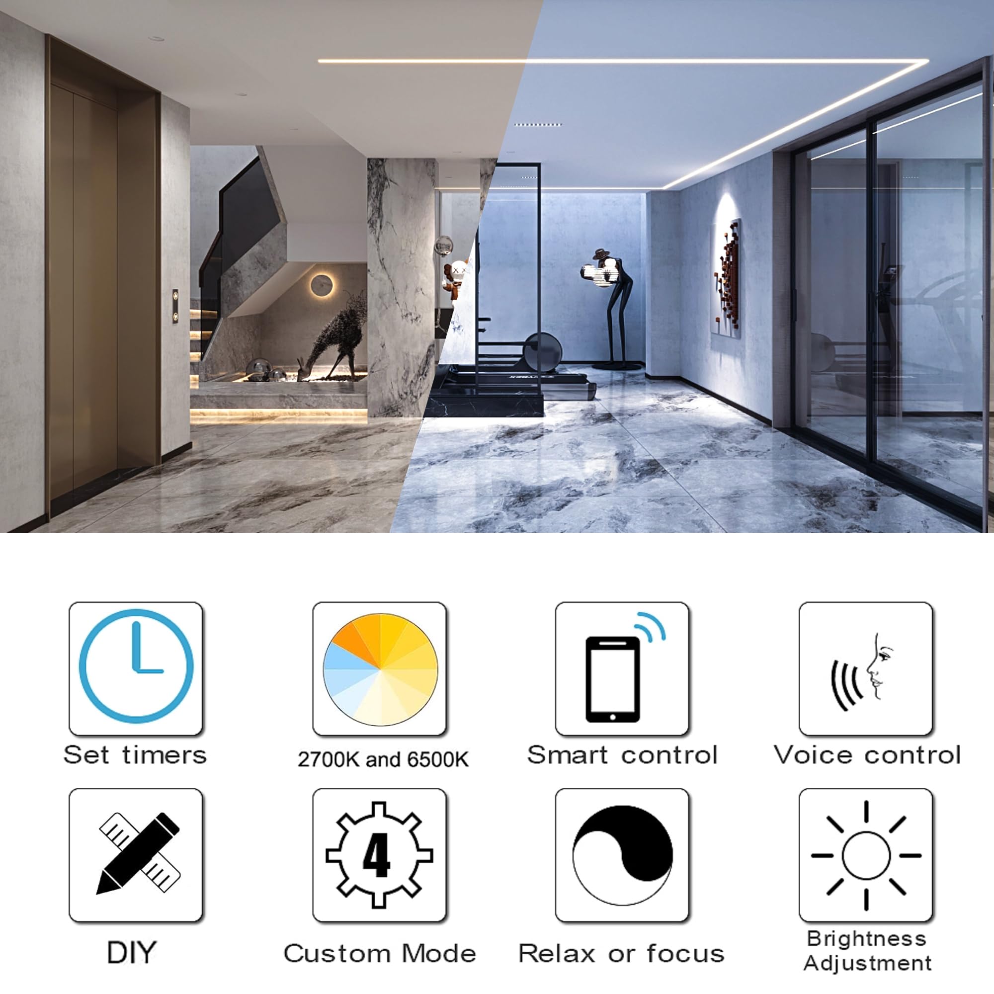 WIFI CCT COB LED Strip, 5 metros regulable 2700 K - 6500 K 24 V tiras de luz LED blancas ajustables, 640 LED/m CRI90+Daul blanco LED con control de aplicación, compatible con Alexa Google Home