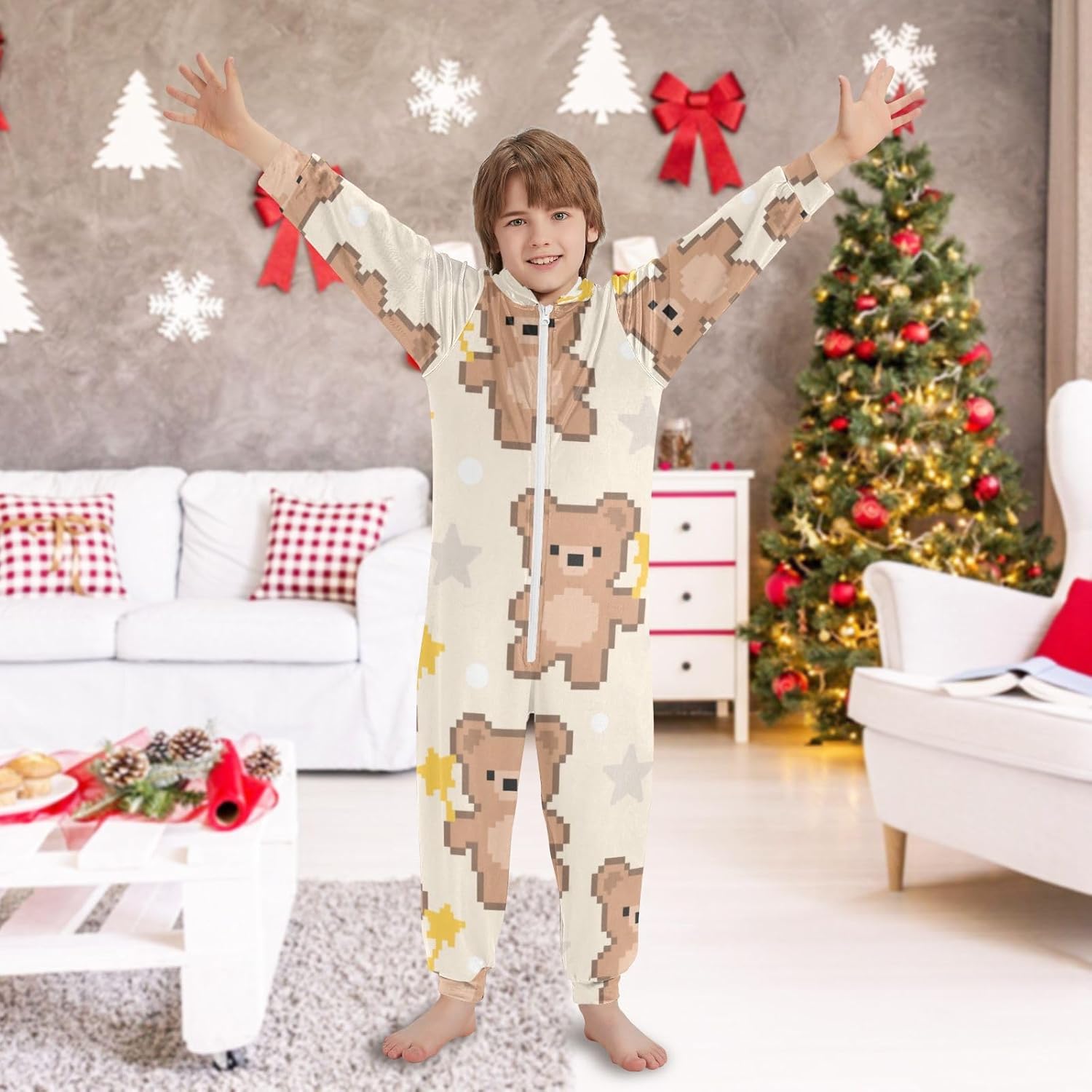 Cute Cartoon Brown Bears Cute Soft Sleepwear Holiday Pajamas Hooded One-Piecing Sleeper Loungewear Parties