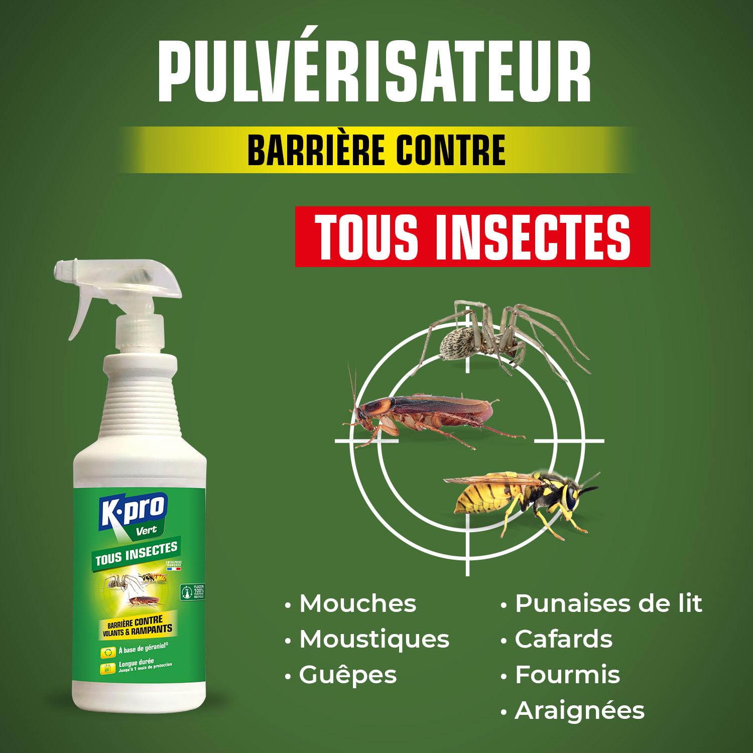 K.PRO Vert Pulvérisateur Barrière tous Insectes Volants et Rampants - Curatif et Préventif - S'Applique Sur Textiles et Surfaces Lavables* - Technique Professionnelle - 1L - Protection 1 mois