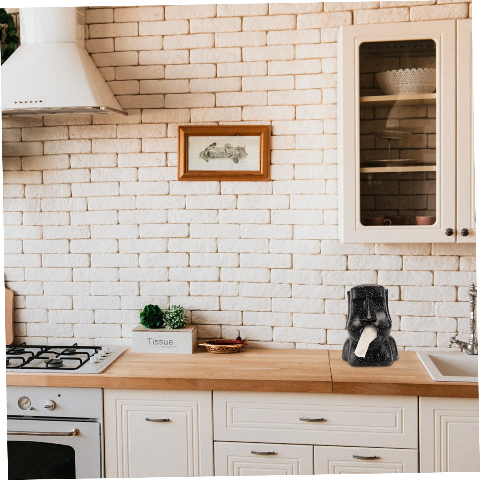 Porta Fazzoletti di Carta a Forma di Moai in Resina Nera, Design Creativo e Unico, Facile Sostituzione dei Fazzoletti per Casa o Ufficio