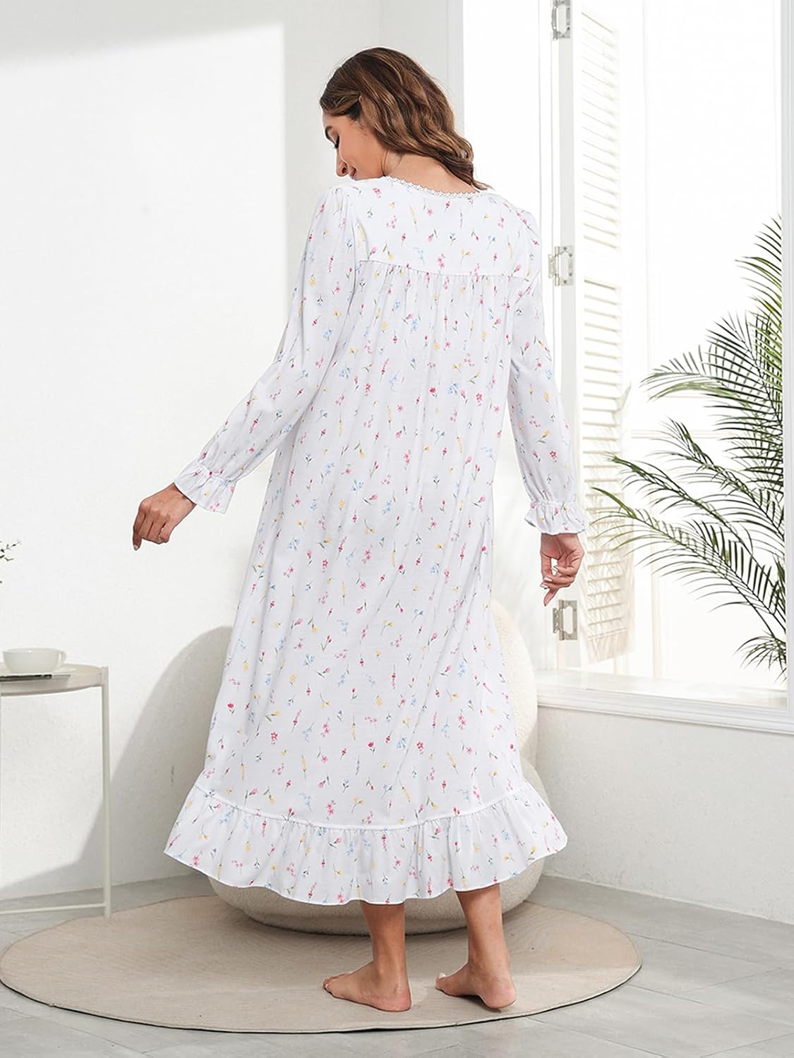Cotton Nightgowns for Women Long Sleeves House Dress Nightdress Full Length Sleepwear Loungewear - Image 4