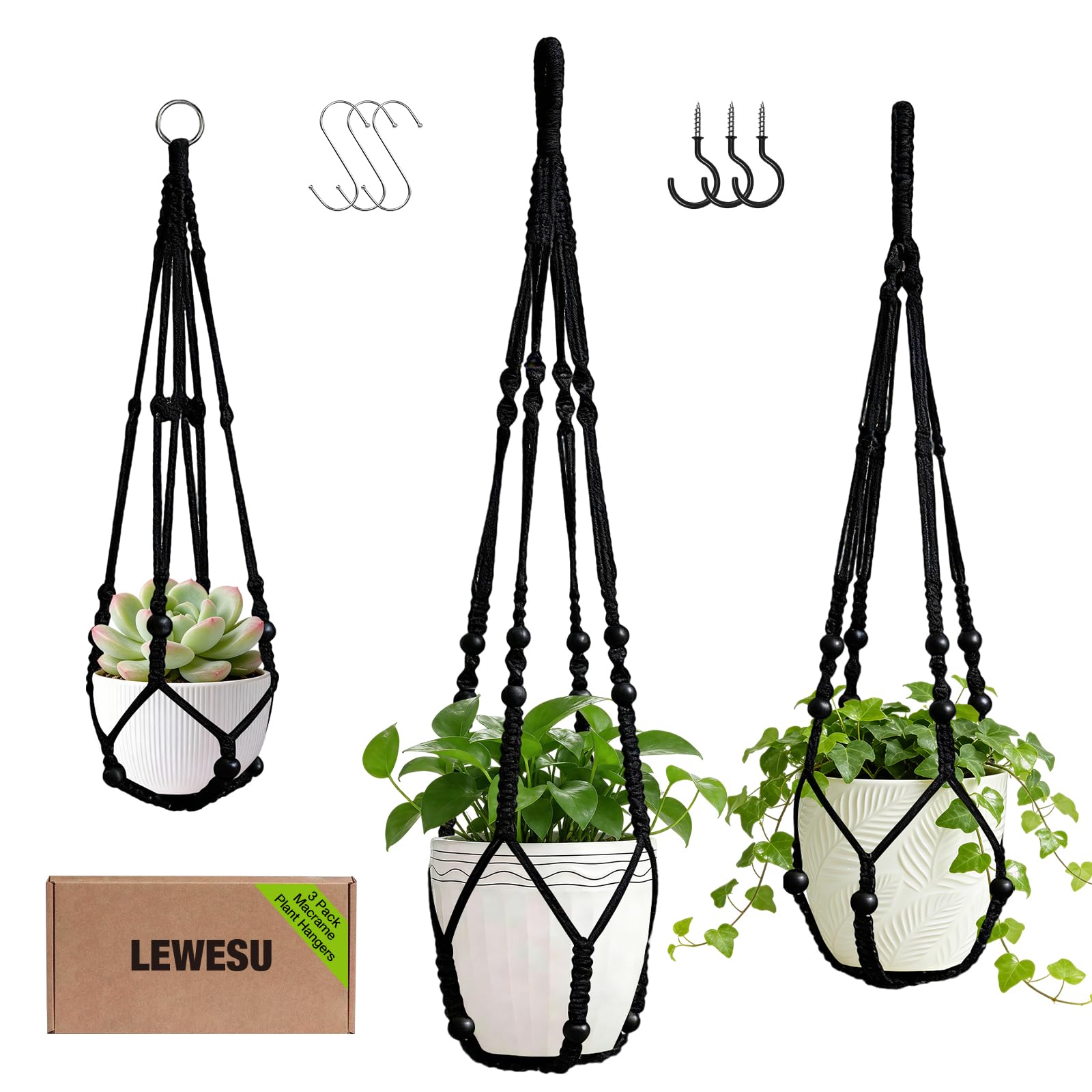 LEWESU Lot de 3 suspensions de plantes d'intérieur en macramé de 3 tailles différentes avec perles en bois et sans pompons pour décoration d'intérieur bohème, 58,4 cm, 76,2 cm, 89,9 cm, noir (pots non