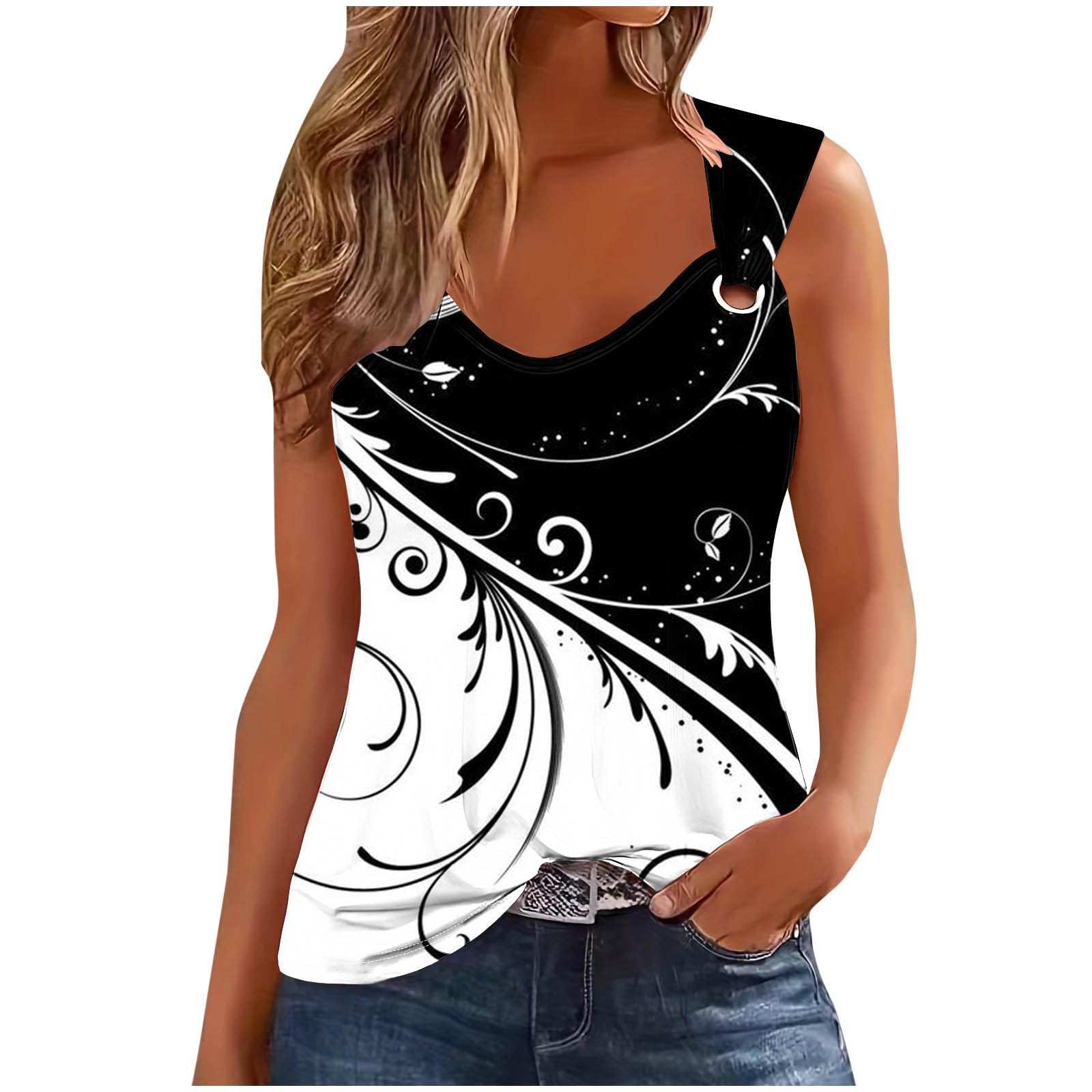 TheSosyTank Top Women Casual V Neck Camis Tops Sale Retro Print Wide Straps Sleeveless Tee Shirts Blouses Ladies Casual Loose Summer Vests Tops Women's Printed Camisole Summer Tops UK Clearance