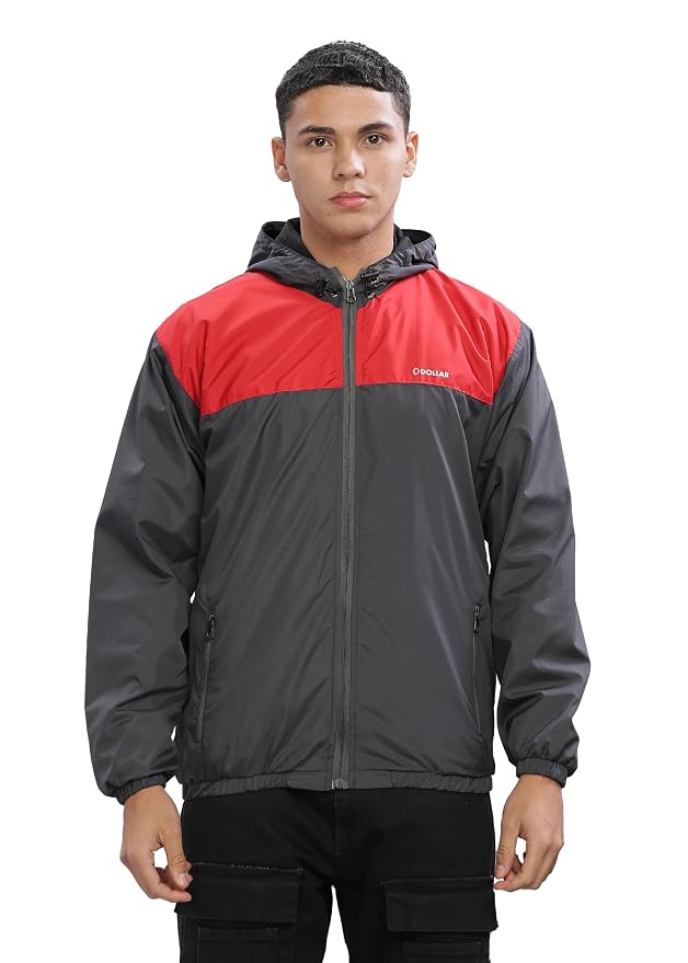 Dollar Men's Polyester Colourblock Windcheater Jacket With Zipper Pockets and Hood