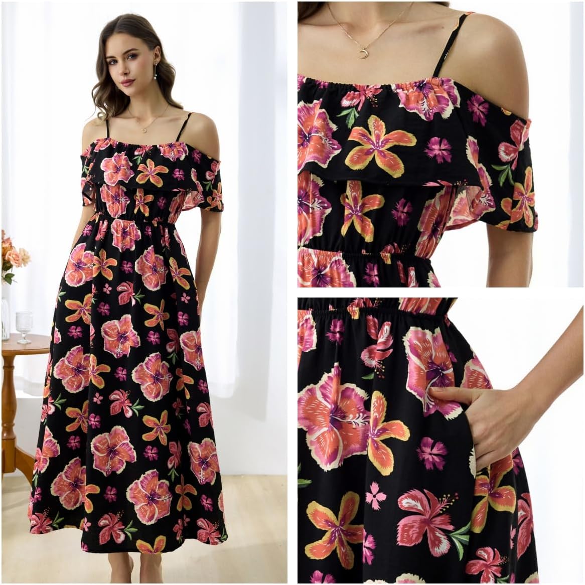 Women's Casual Off The Shoulder Dress Empire Waist Maxi Dresses 2025 Lightweight for Vocation