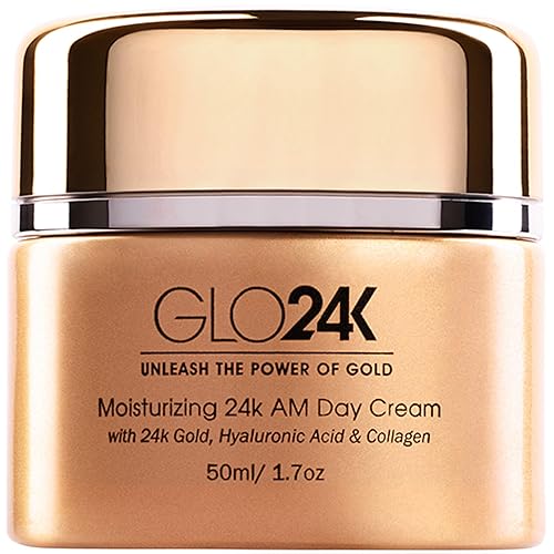 Crema hidratante de día GLO24K con oro de 24k, ácido hialurónico, colágeno y vitaminas. Para una hidratación óptima.