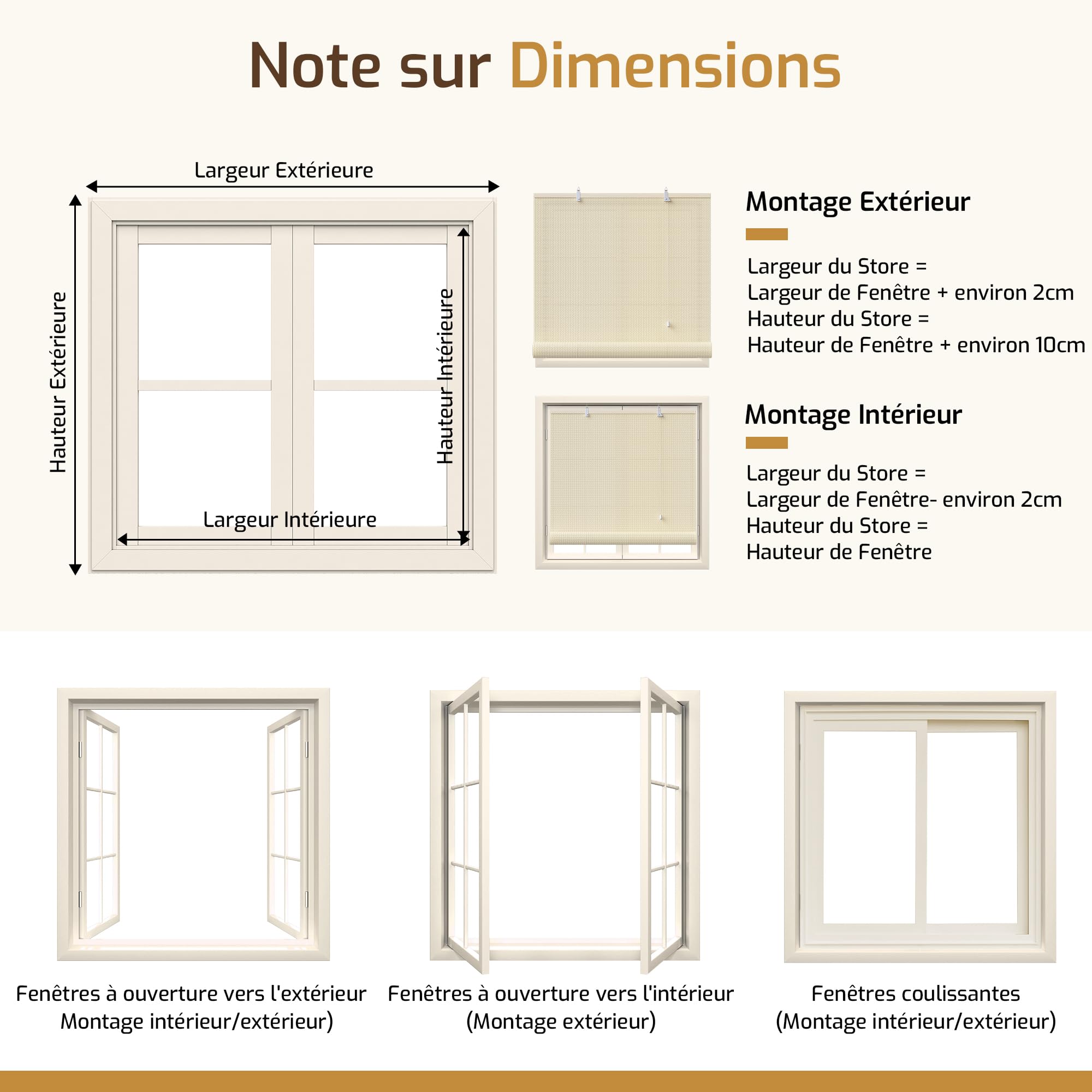 Grandekor Store Enrouleur Extérieur Occultant Bambou 110 x 220cm Crème, Résistant Extérieur pour Terrasse Véranda Pergola Porte & Fenêtre