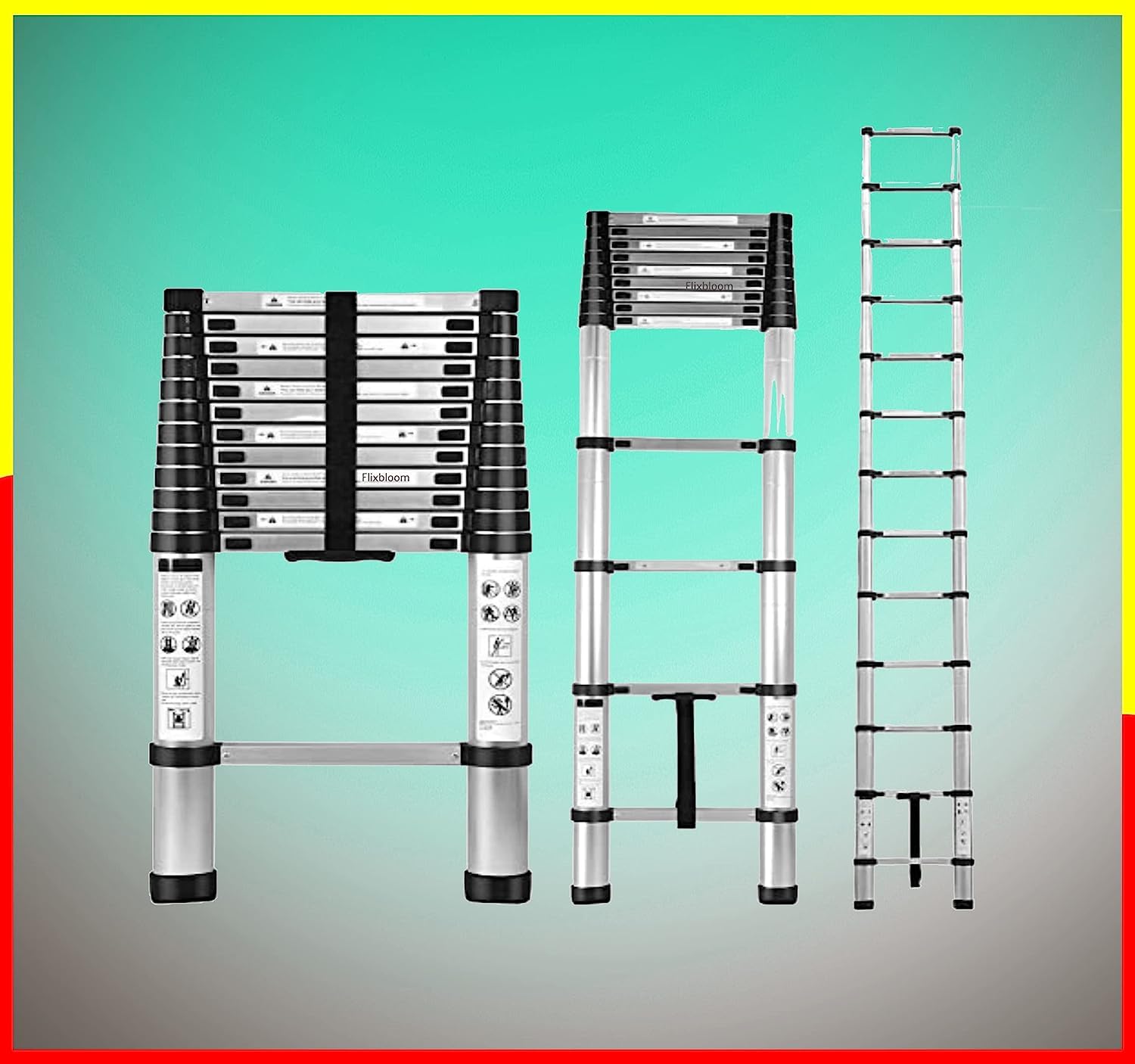 Flixbloom Premium Heavy Duty Aluminium Telescopic Ladder, Foldable Multipurpose Step Ladder, Lightweight, Collapsible, Max Load up to 150 Kgs, Silver (14.5 Feet (4.4 Meter)) 1