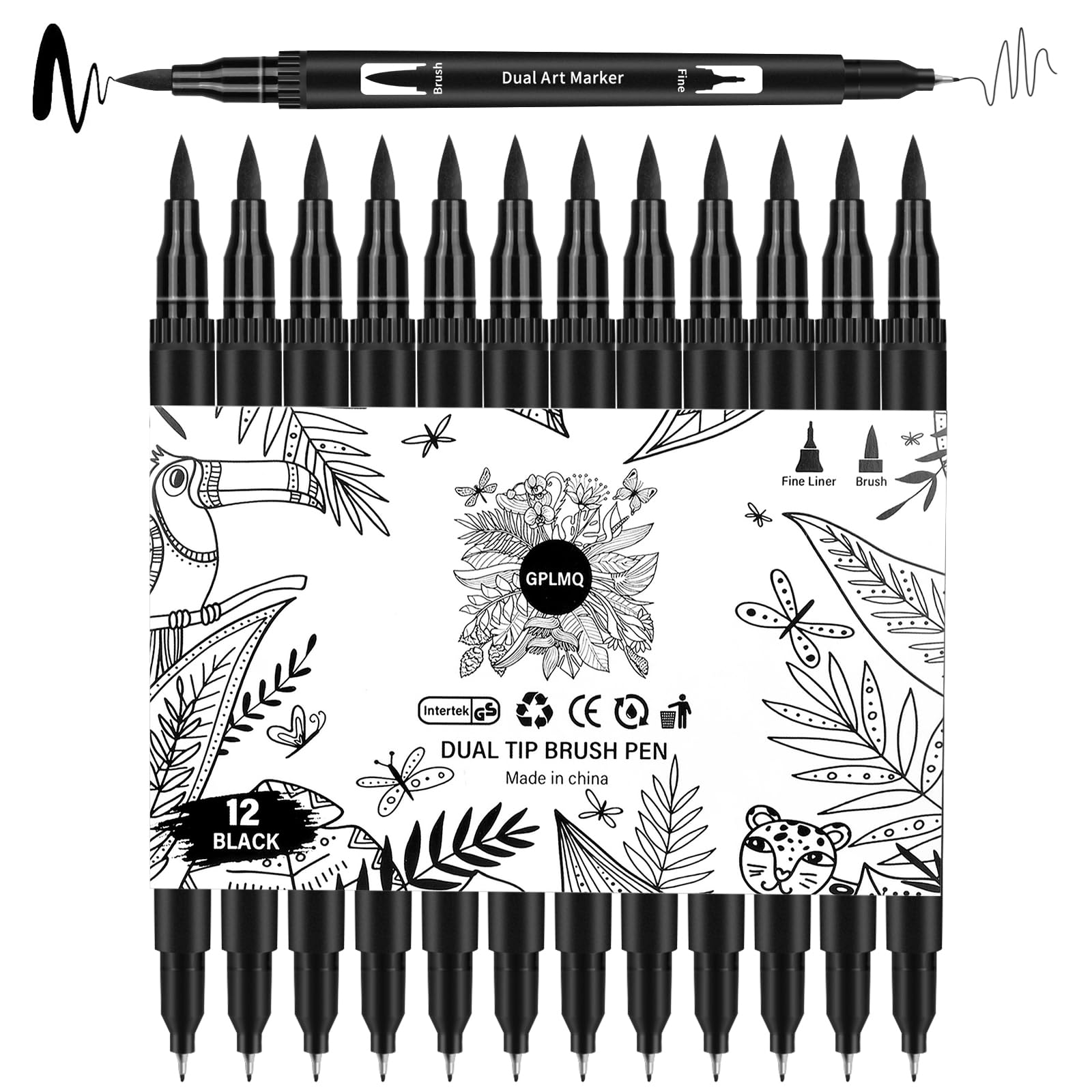 Black Drawing Pens, 12 Pack Felt Tip Markers for Adults and Kids, Dual Tip Brush Fineliners Pens for Art Drawing Sketching