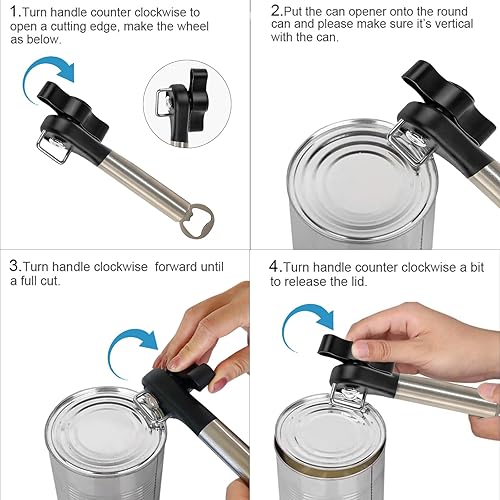 Miniatura 7 de Abrelatas manual de acero inoxidable, de mano, resistente, borde liso, corte lateral, abrelatas de cocina para personas mayores con manos