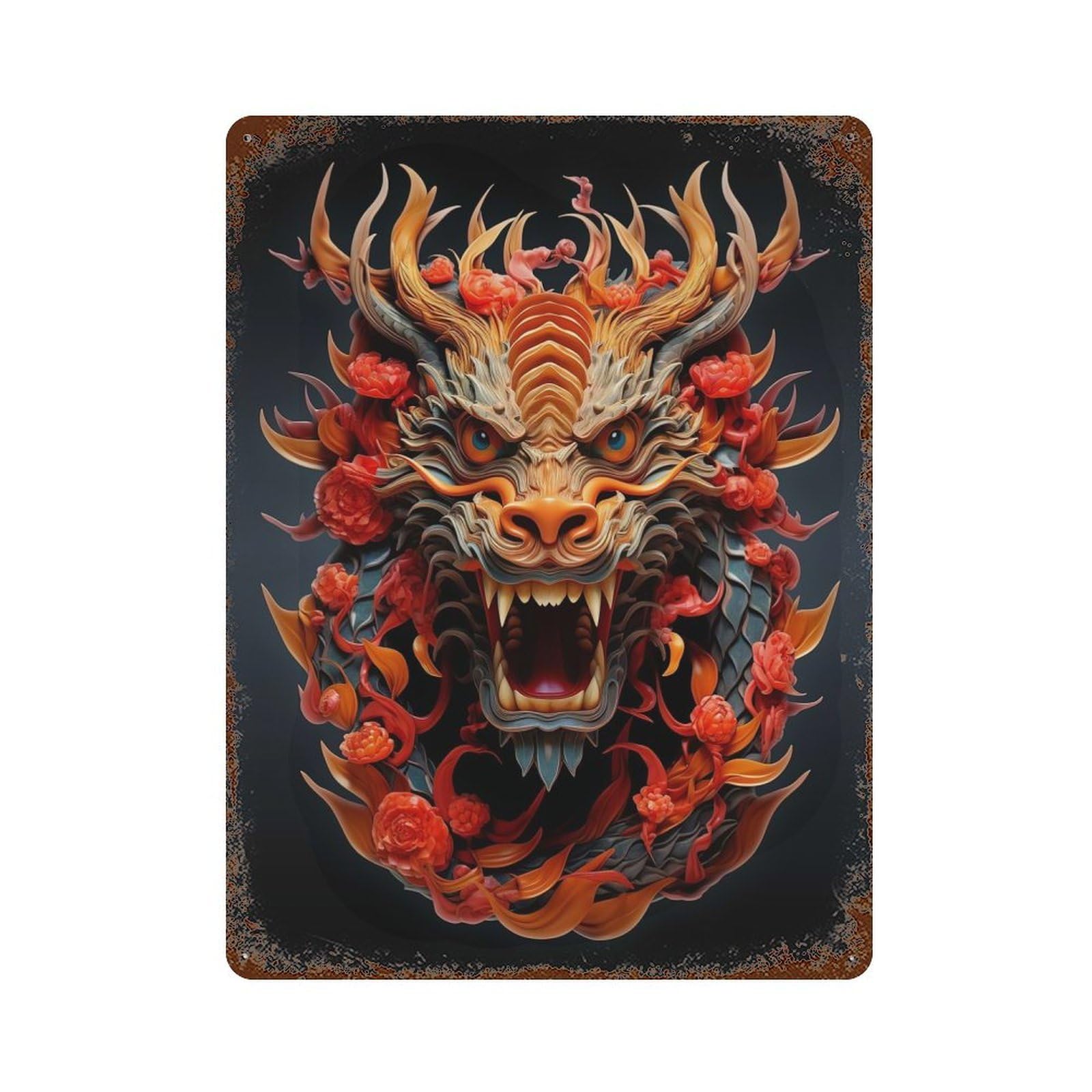 Vintage Rust Metal Sign Chinese Dragon 1 Art 15.7"x11.8", Vintage Wall Decor for Office, Studio And Wall Decor
