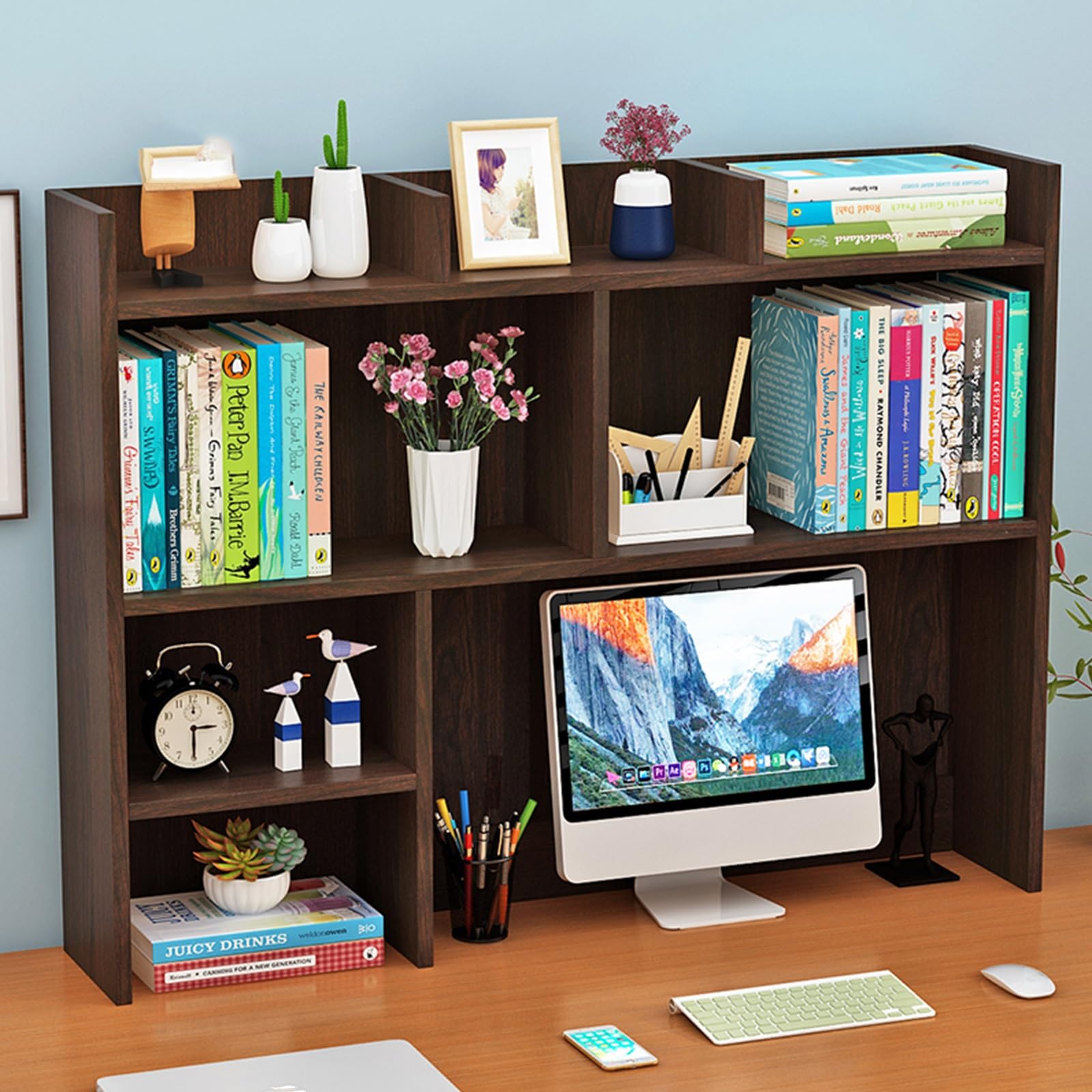 ASerZenith Wooden Desktop Bookshelf Organizer With Pegboard Dorm Room Storage Rack For Students Miniature Skinny Wood Hutch Bookcase For Office Desk (Walnut Color 80Cm/31.4In)