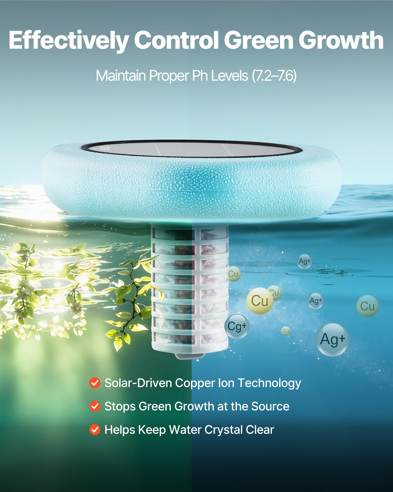 VEVOR Solar Pool Ionizer, Hexagon Copper Pool Ionizer Up to 45000 Gal, Floating Automatic Water Cleaner and Purifier, Chlorine Free Water, with Copper Anode, Spring, Brush and Filter for Pools & Spas - 3