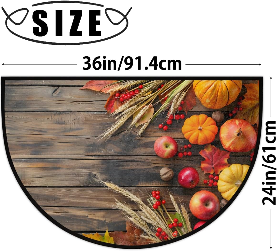 Pumpkin Wood Maple Leaf Grain Half Round Door Mat Non Slip Washable Semi Circle Area Rug Absorbent Soft Half Moon Rug Floor Mat for Indoor Outdoor Kitchen Bathroom Patio Front Door Mat Decor