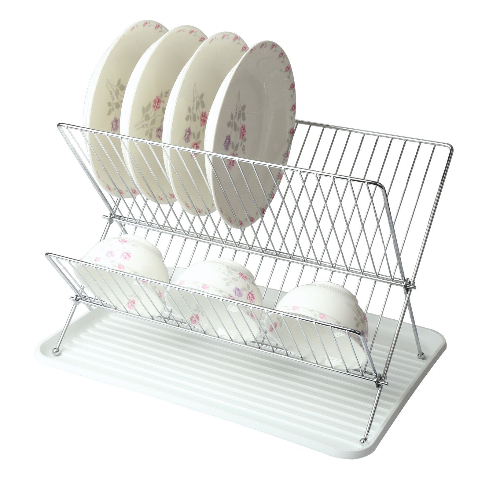 Mega Chef Foldable Easy Storage Wire Dish Rack with Plastic Tray, White