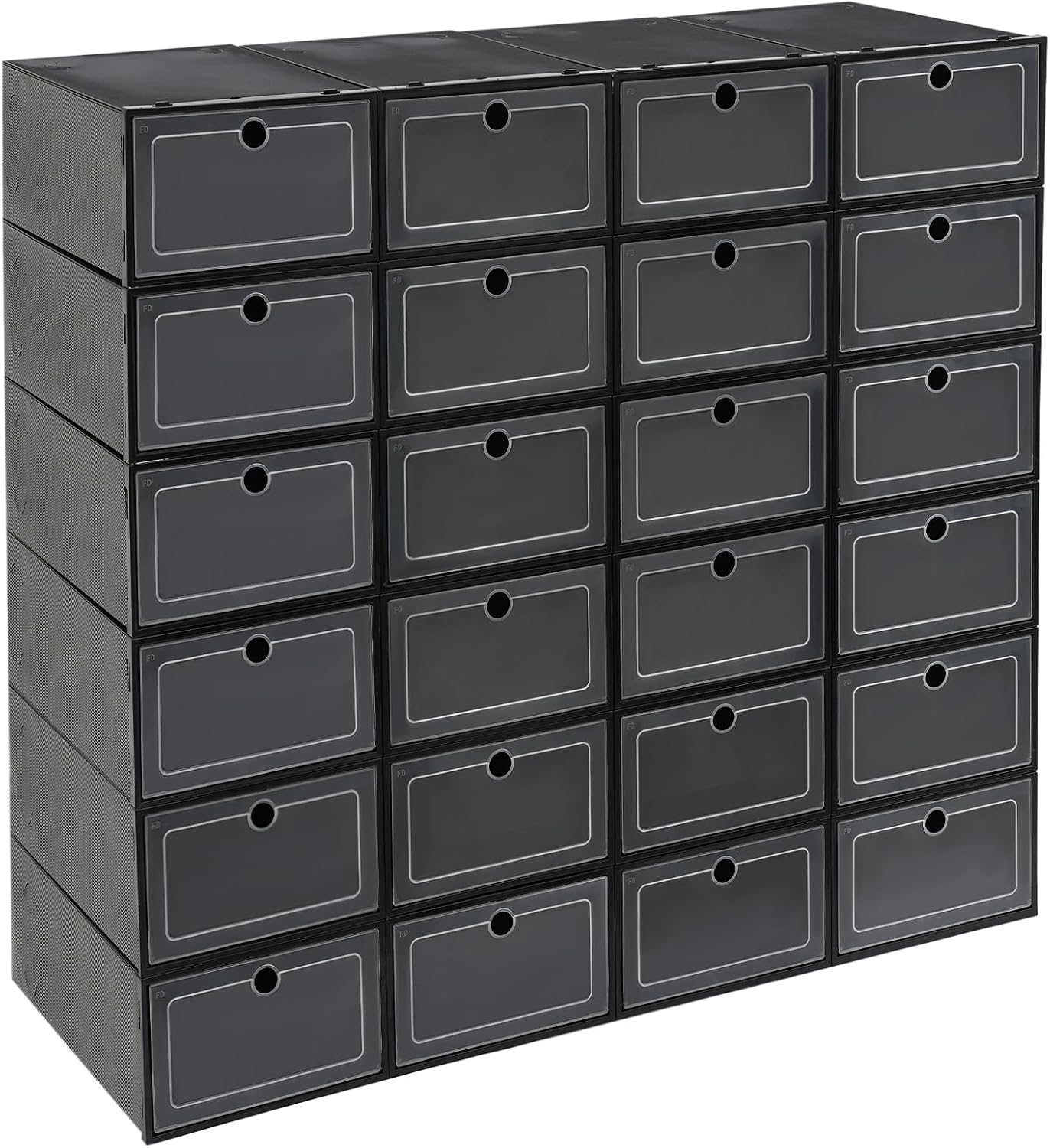 Front view of several empty black stackable shoe boxes, showing their uniform design and clear flip lids.