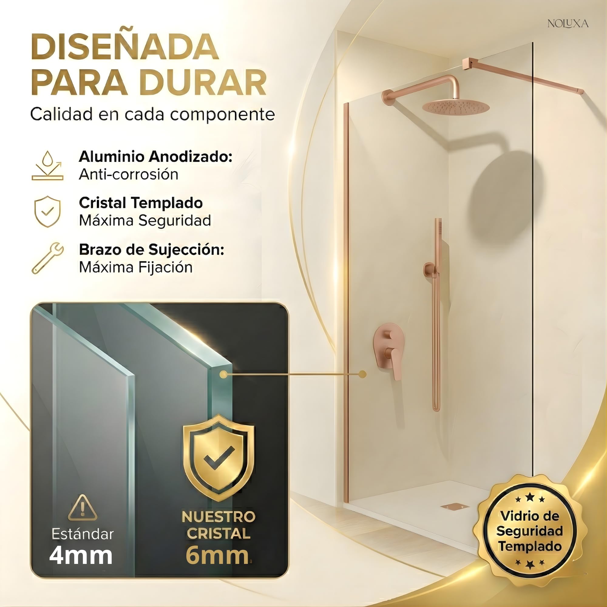 IMEX - Mampara Ducha Fija Oro Rosa 90cm Frontal con Brazo de Sujeción | Mampara de Cristal Antical y Perfilería de Aluminio con 195cm de Altura | Vidrio con Grosor 6mm y Sistema de Montaje Fácil