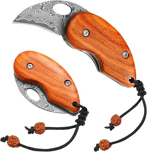 EZKIT Cuchillo de bolsillo de Damasco, pequeño cuchillo EDC con mango de madera plegable, longitud de la hoja 2 pulgadas