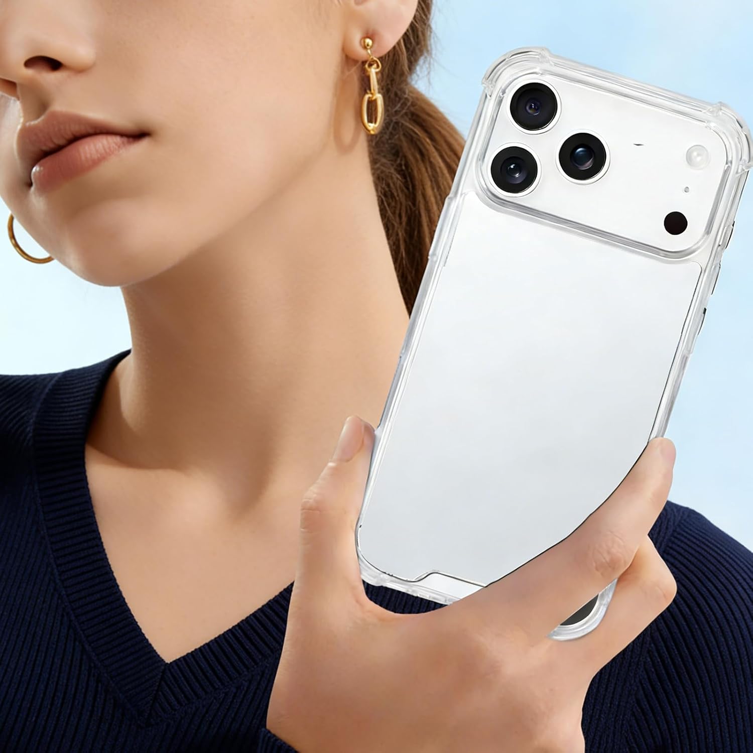 LUVI Compatible with iPhone 17 Pro Mirror Case Cute Makeup Silicone Bumper Slim Ultra Thin Corner Protection Shockproof Design Fashion Luxury Cover for Women Girls Silver - Image 5