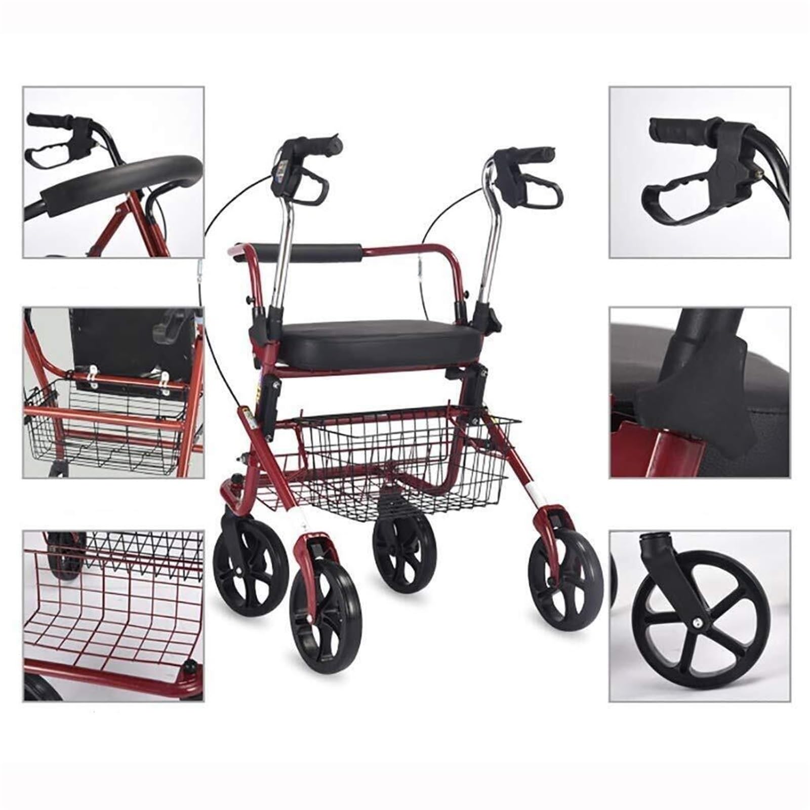 Andador de 4 ruedas con asiento y cesta de acero, altura ajustable for rehabilitación de personas mayores.