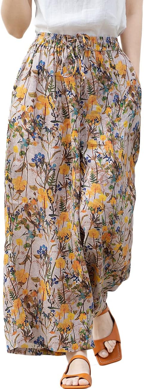 NFYM Women's Casual Summer Wide Leg Elastic Waist Linen Tropical Printed Boho Hippie Palazzo Pants with Drawstring