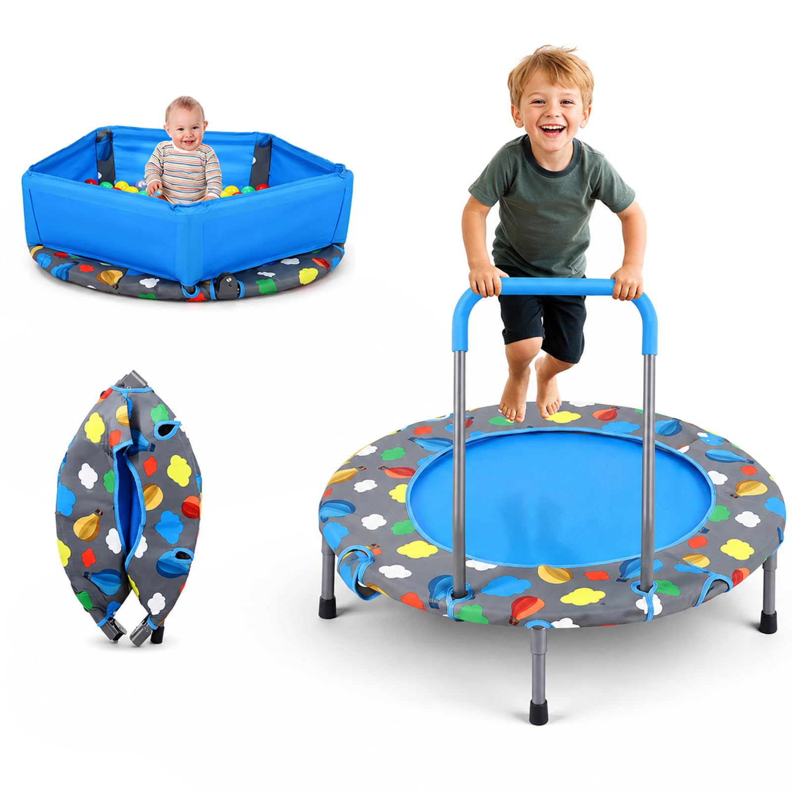 Trampolín 3 en 1 para niños, cama elástica para interior y exterior con mango extraíble, cubierta de seguridad, piscina de bolas (100 pelotas), 1 – 6 años, tejido Oxford reforzado, soporta hasta 150