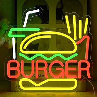 Burger Letreiro de néon batatas fritas bebidas luz de néon alimentado por USB com botão ajustável sinal de parede de néon LED para bares, restaurantes de fast food, clubes e festas