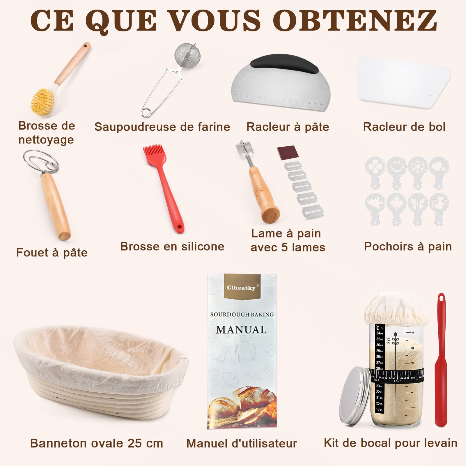Banneton Pain 25cm Ovale Set,11 Pièces Accessoire pour Faire du Pain, Kit Boulangerie Professionnel Rotin Naturel, Kit Pain au Levain pour les Débutants, les Boulangers Expérimentés