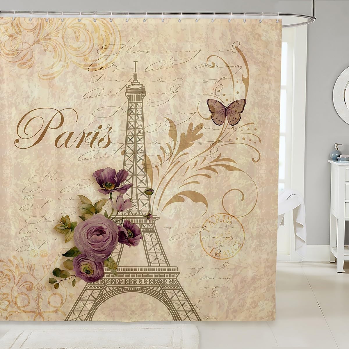 Eiffel Tower Waterproof Shower Curtains Luxury Heavy Fabric Bathroom Shower Curtain Purple Rose Hotel Home Dorm Bathtubs Decor Shower Curtain Machine Washable Grommet Curtain 72 x 84 Inch