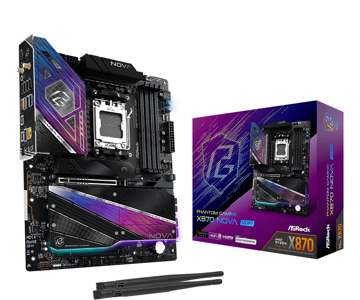 ASRock Placa mãe X870 Nova WiFi AM5 | AMD Ryzen 9000/8000/7000 | DDR5 8400+ (OC) | Dual USB4 | PCIe 5.0 | WiFi 7 | 18+2+1 Power Phase | LAN 5GbE
