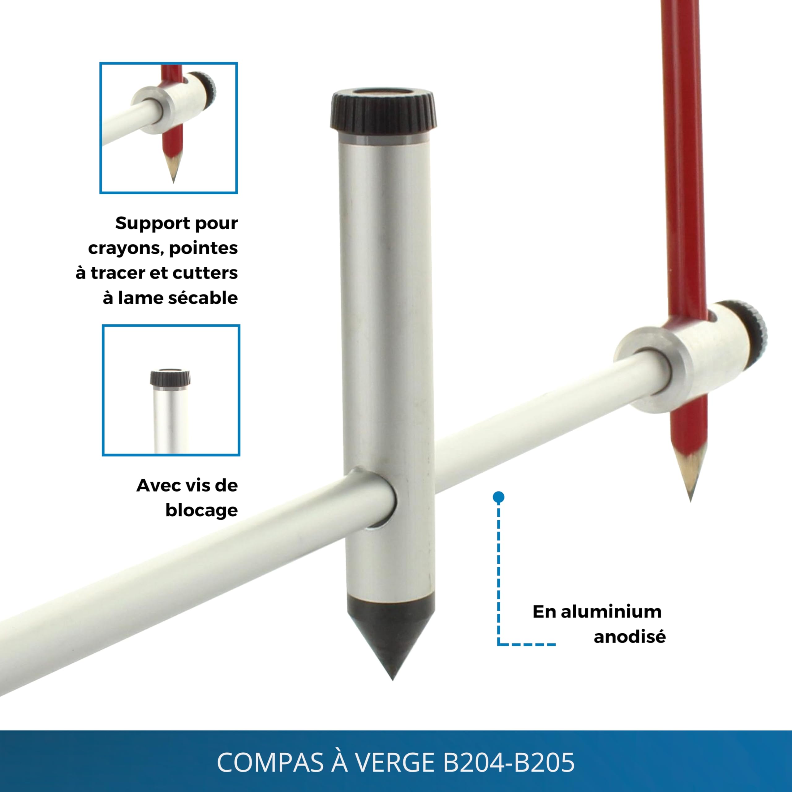 Compas à verge 50 cm - Grand compas de traçage en aluminium anodisé, compas verge avec porte-stylo pour tracer & reporter de grandes formes circulaires, compas grand diamètre