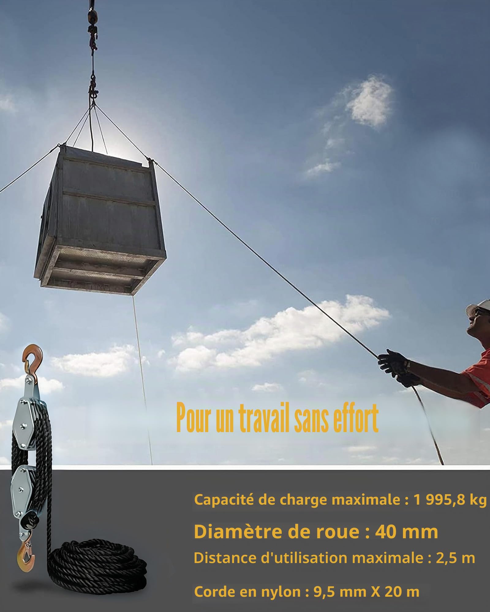 Poulie lourde avec frein à câble en nylon de 20 m : poulie de charge maximale 4400 lb Cordes de levage manuelles économiseur de main-d'œuvre Palan haute performance pour garages, entrepôts (1, argent)