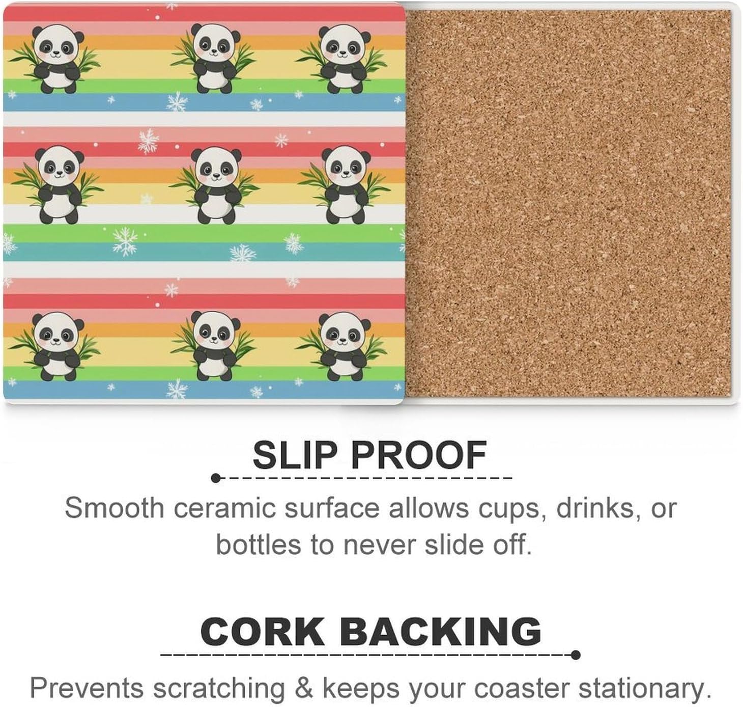 Rainbow Pandas Funny Ceramic Coasters for Drink Absorbent Cup Holders Tabletop Protection