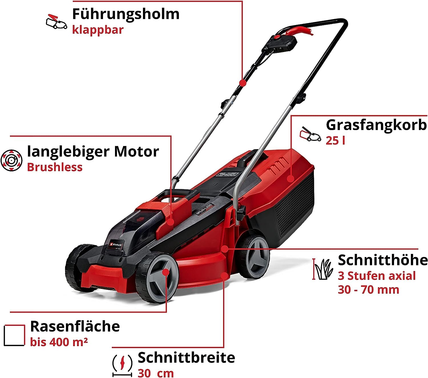 Einhell City Akku-Rasenmäher GE-cm 18/30 Li Kit Power X-Change (18 V, 30 cm Schnittbreite, bis 150 m², Brushless, 25L Fangkorb, 30-70 mm Schnitthöhe, inkl. 3,0 Ah Akku + Ladegerät)