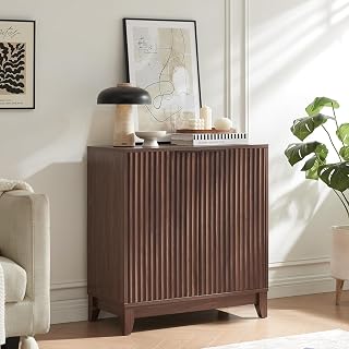 Wnutrees Fluted Buffet Sideboard Cabinet, Modern Wooden Storage Cabinet with 2 Doors and Adjustable Shelves, Farmhouse Entryway Accent Storage Cabinet for Kitchen, Dining Room, Living Room, Brown