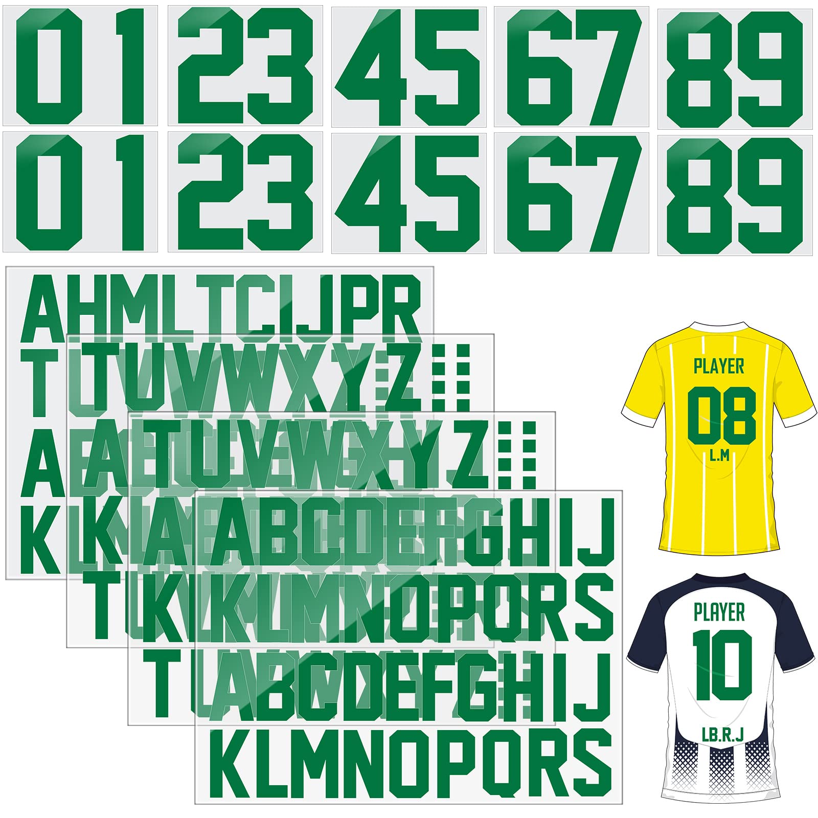 18 Sheets 216 Pieces 8 Inch Iron On Numbers T-Shirt 2 Inch Iron On Letters Patches Kit, 0 to 11 Iron-on Numbers A to Z Heat Transfer Letters for Jersey Football Baseball T-Shirts Team Name (Green)
