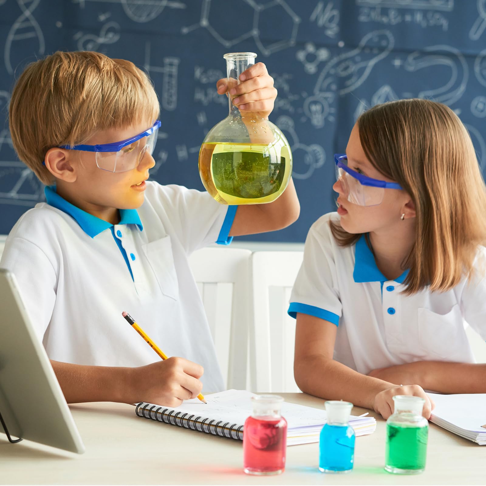 Copkim 100 Paar Laborbrillen, Bulk-Schutzbrille, Schulbrille, Anti-Beschlag-Schutzbrille für Kinder und Erwachsene, Blau