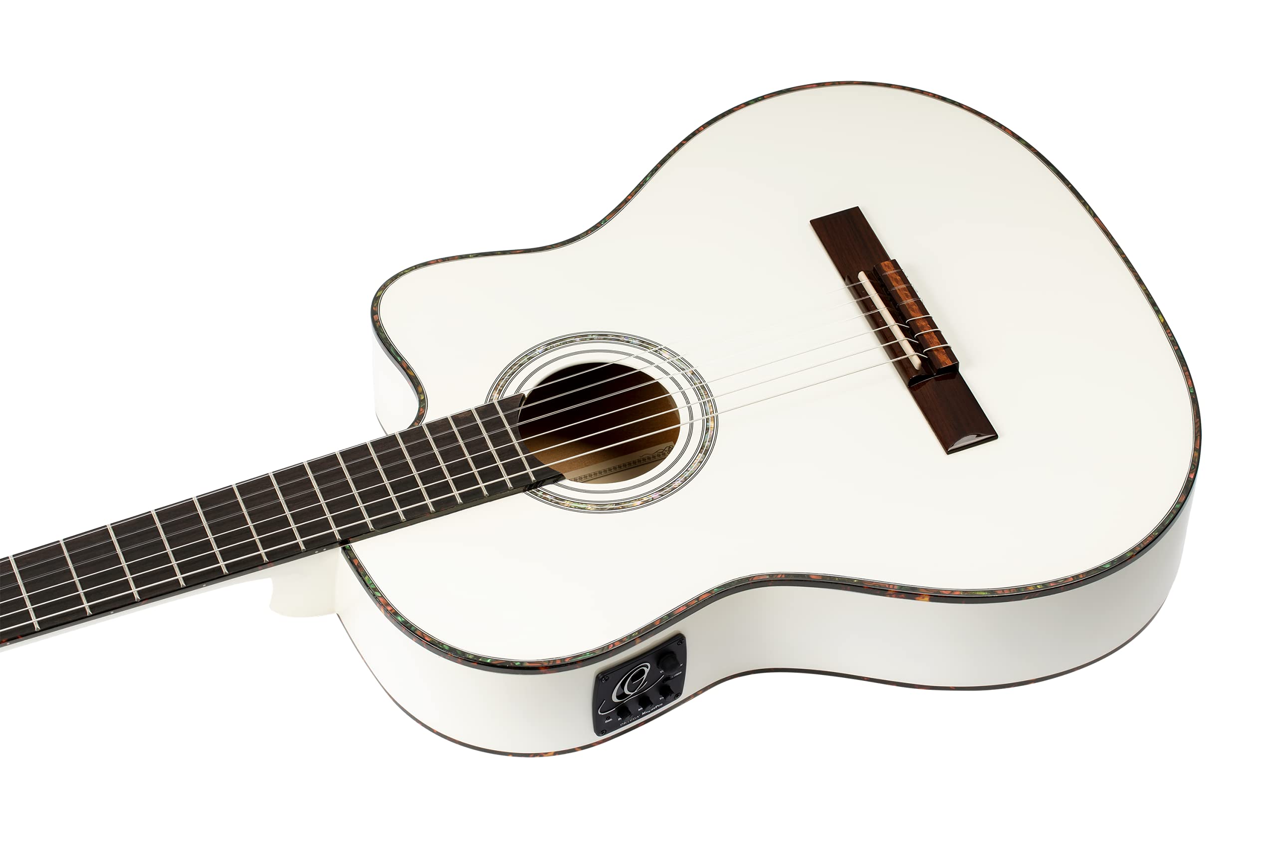 Ortega Guitars Guitare Classique Électro-Acoustique – 4/4, Slim Neck, Format Thinline – Family Series Pro – Housse Incluse – Épicéa Engelmann Massif / Acajou, Blanc (RCE145WH)